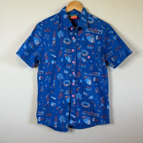 Mokuyobi Blue Beach Vacation Theme Short Sleeve Button Front Quirky Shirt Size S - Picture 1 of 12